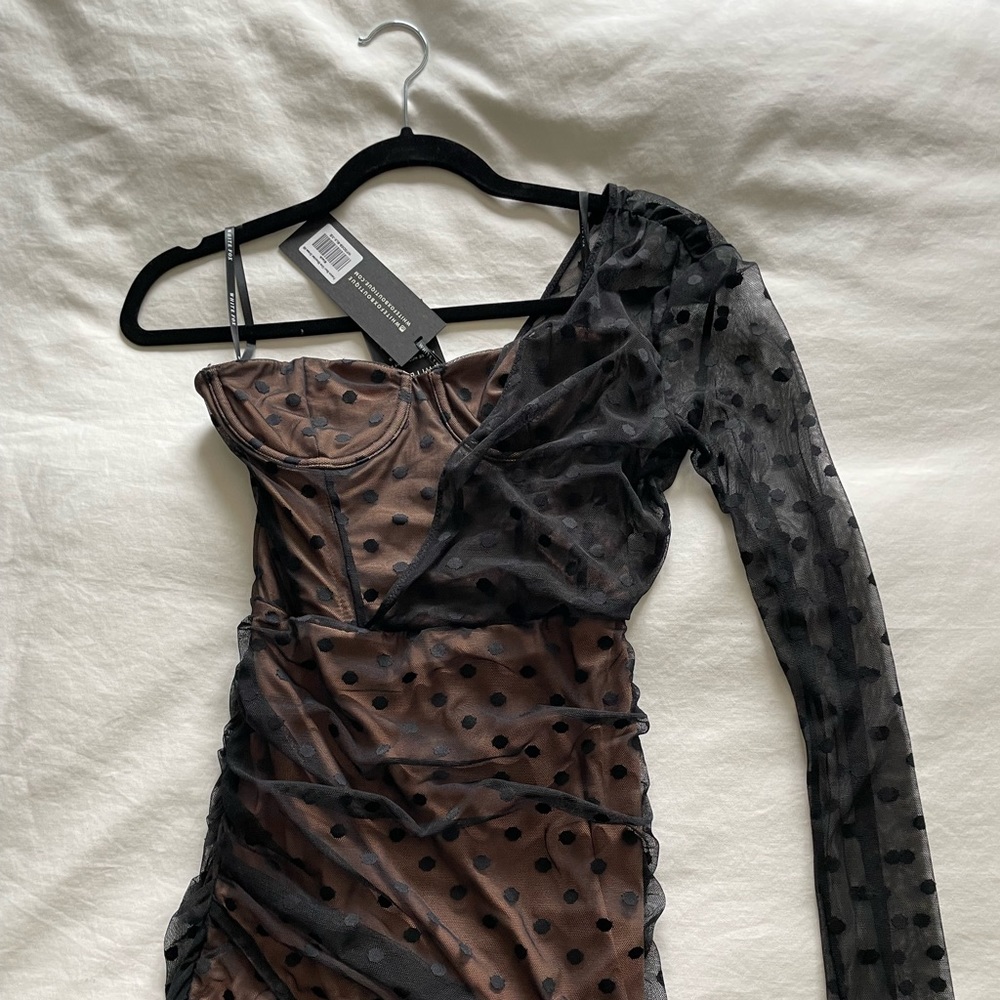White Fox Boutique- One Shoulder Dress Black & Nude Mesh Polka Dot, Size XS